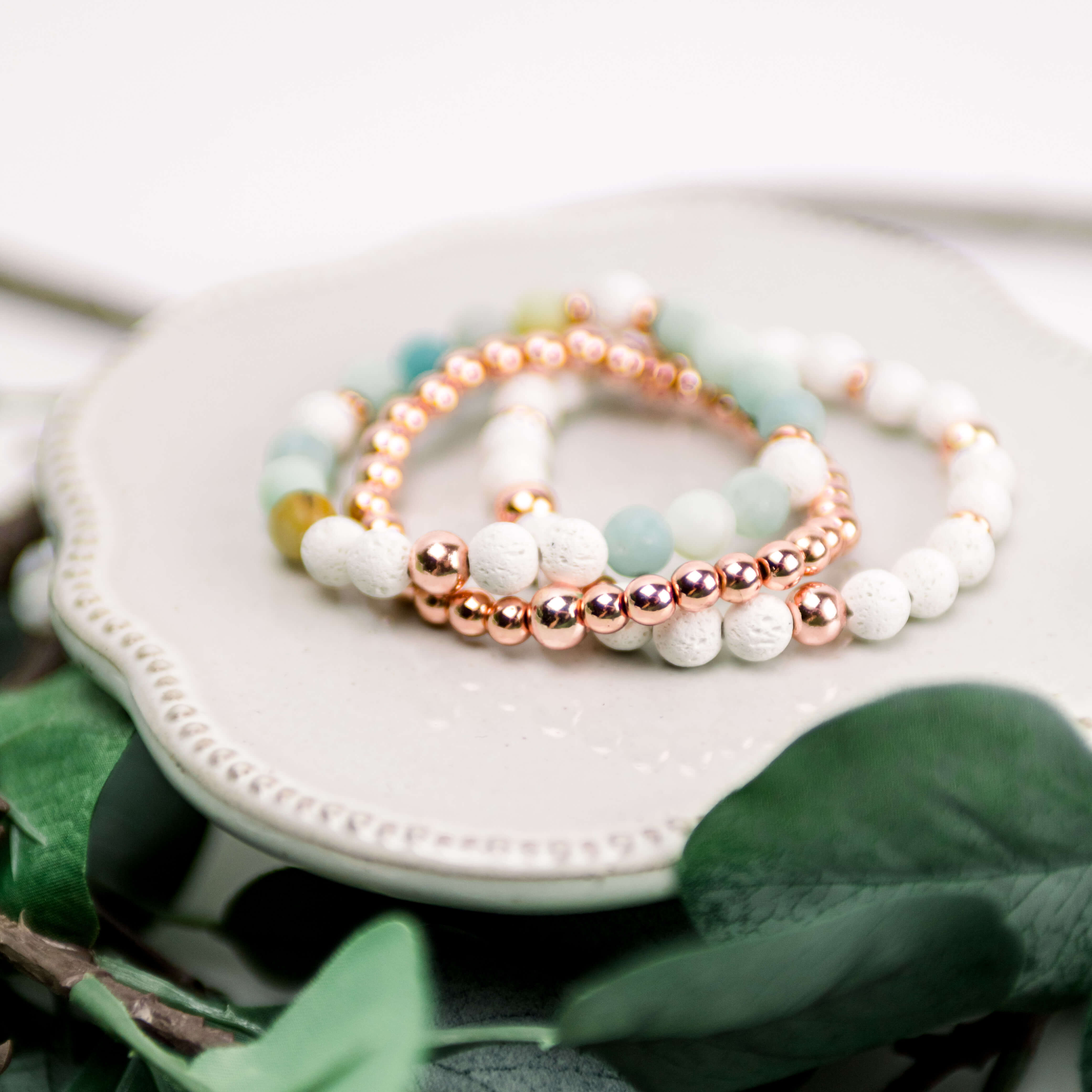 Diffuser Bracelet Set Color: Amazonite & Rose Gold Diffuser Bracelet Set